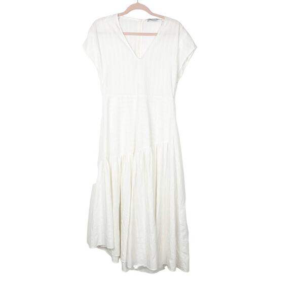 2/$30 ZARA Asymmetric Dress XS Striped White V-Neck Short Sleeve Textured #5637 - Picture 3 of 16